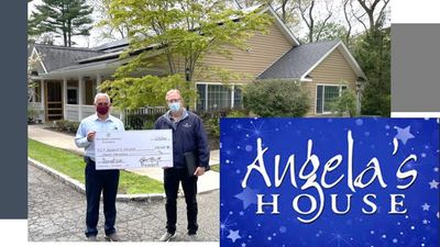 image of two people holding an oversized check in front of a house and logo for Angela's House