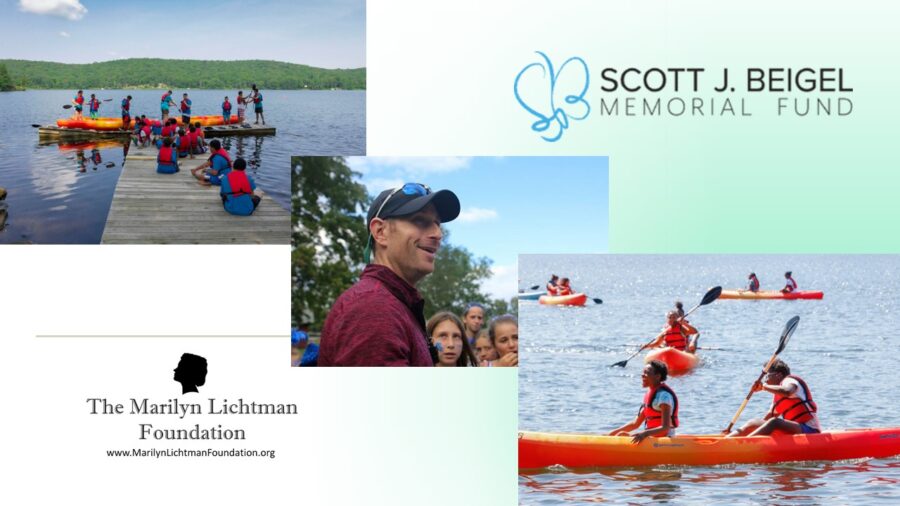Images of children at a lake on a dock, Image of a man and children, image of children in canoes on a lake. Logo of Scott J. Beigel Memorial Fund, Logo of The Marilyn Lichtman Foundation www.MarilynLichtmanFoundation.org