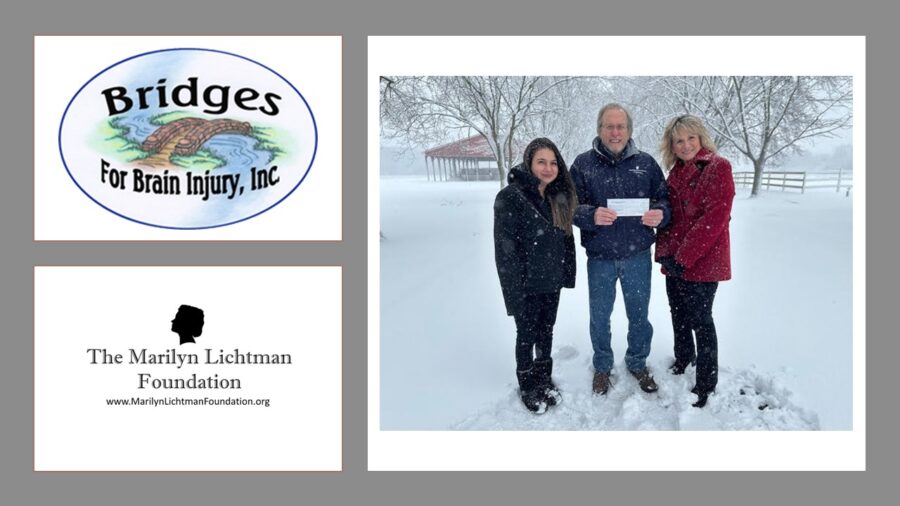 Three people standing in a snowstorm, logo and text The Marilyn Lichtman Foundation www.MarilynLichtmanFoundation.org; Bridges for Brain injury, Inc.

