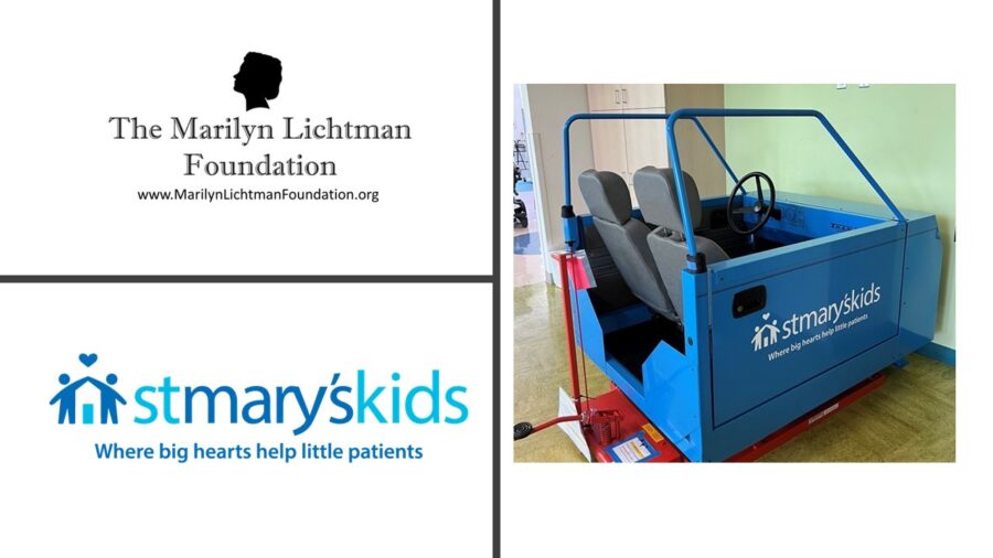 Picture of a car seat simulator, logo and text The Marilyn Lichtman Foundation www.MarilynLichtmanFoundation.org, St. Mary’s kids, Where big hearts help little patients