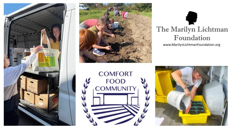 Logo Comfort Food Community, logo and text The Marilyn Lichtman Foundation www.MarilynLichtmanFoundation.org; photo of a person handing a bag to another person, photo of kids planting in the dirt, photo of a person emptying blueberries into pint containers.


