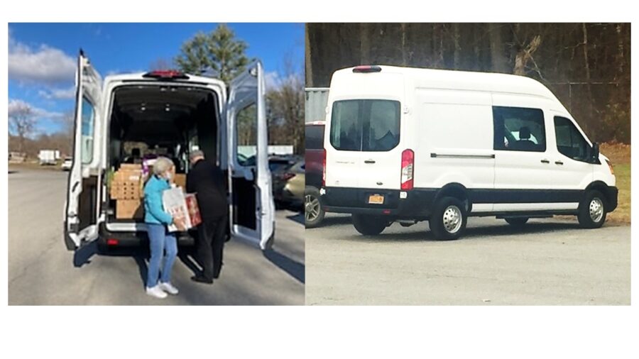 Photo of people unloading a van and another photo of the van