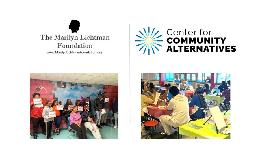 Image of several people indoors, logo and text The Marilyn Lichtman foundation www.MarilynLichtmanFoundation.org and Center for Community alternatives