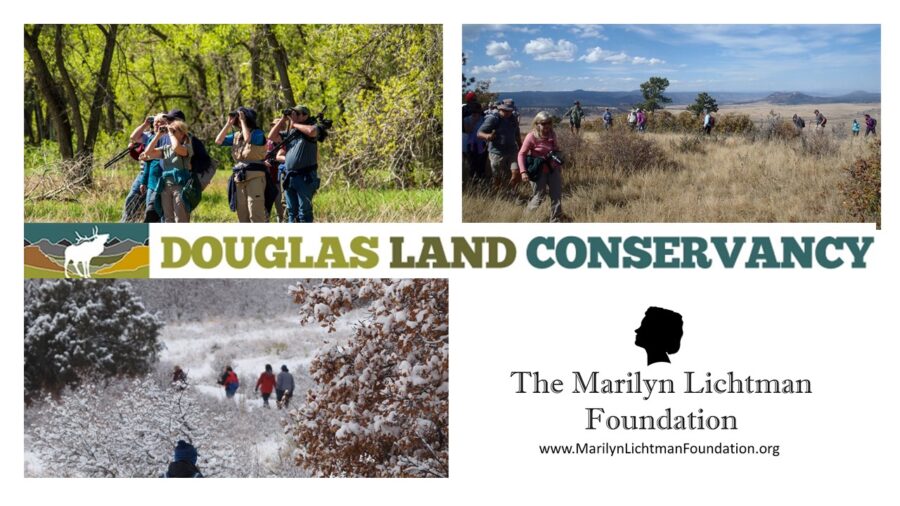 Image of several people outdoors. Image and logo The Marilyn Lichtman Foundation www.MarilynLichtmanFoundation.org; Douglas Land Conservancy