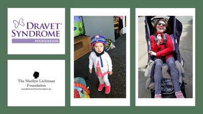 Logos of Dravet Syndrome foundation, Marilyn Lichtman Fndtn 2 photos of children in protective great