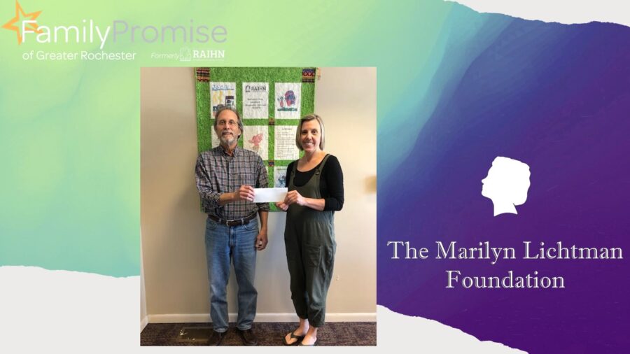 Photo of two people holding a check, image logo of Family Promise, image logo of The Marilyn Lichtman Foundation.