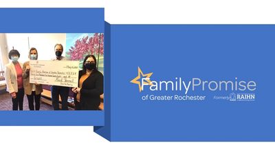 image of 4 people holding oversized check and logo of Family Promise of Greater Rochester