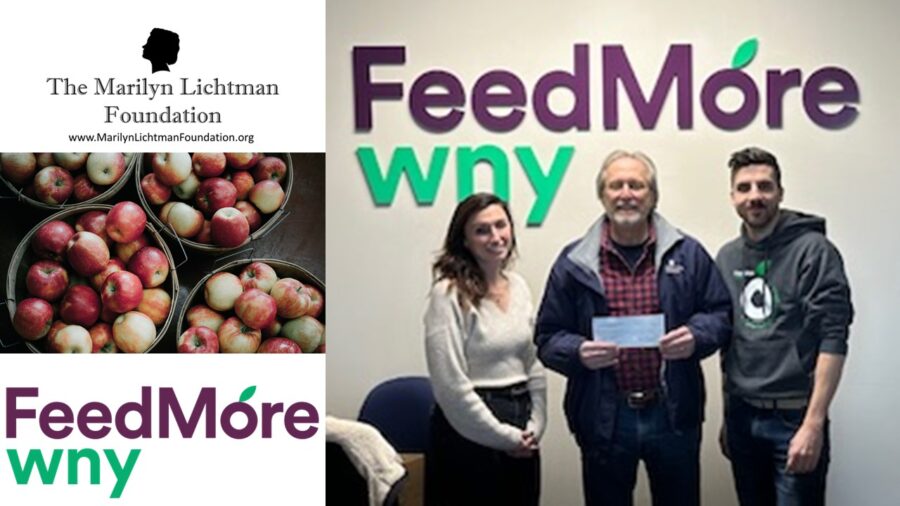 Photo of 3 people, logo and text FeedMore WNY, The Marilyn Lichtman Foundation www.MarilynLichtmanFoundation.org, photo of apples.