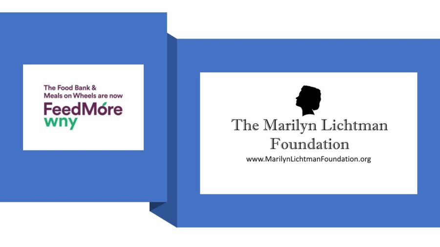 text that says 'The Food Bank & Meals on Wheels are now FeedMóre wny The Marilyn Lichtman Foundation www.MarilynLichtmanFoundation.org'