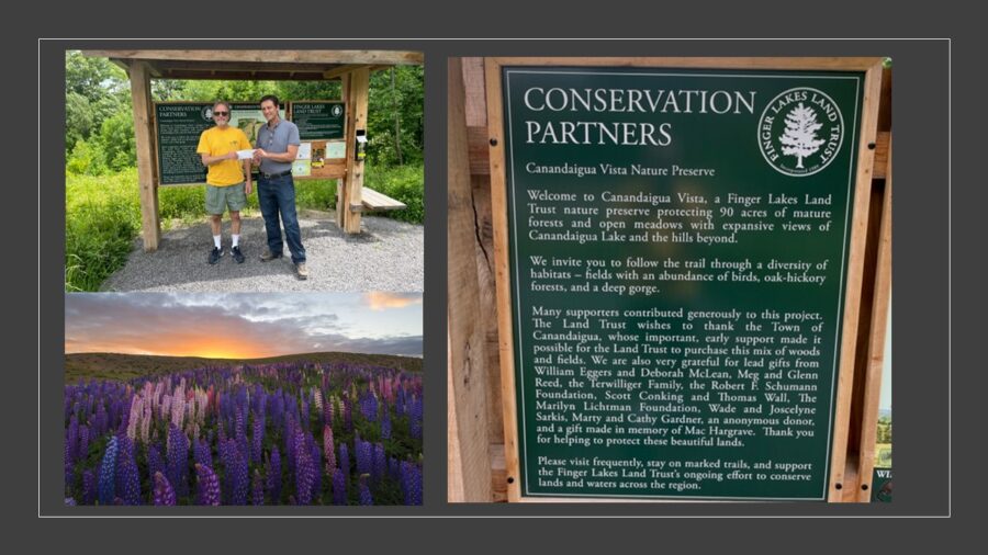 Photo of two people holding a check outside, photo of a trailhead marker with text