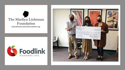 Logos of Lichtman Foundation and Foodlink, photo of 3 people holding oversized check.