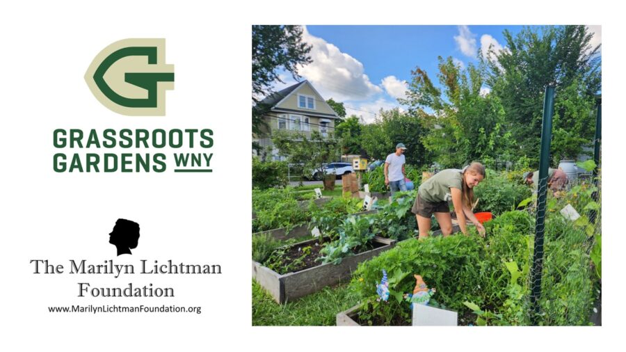 People in a garden and text that says 'G GRASSROOTS GARDENS WNY The Marilyn Lichtman Foundation www.MariyntichtmanFoundation.org'