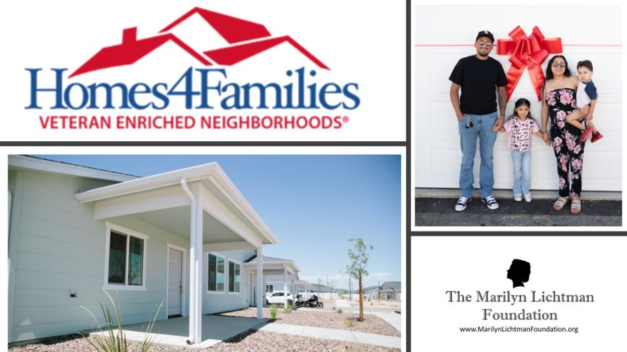 Photo of several people, a house; Logo and text The Marilyn Lichtman foundation www.MarilynLichtmanFoundation.org; Homes4Families Veteran Enriched Neighborhoods