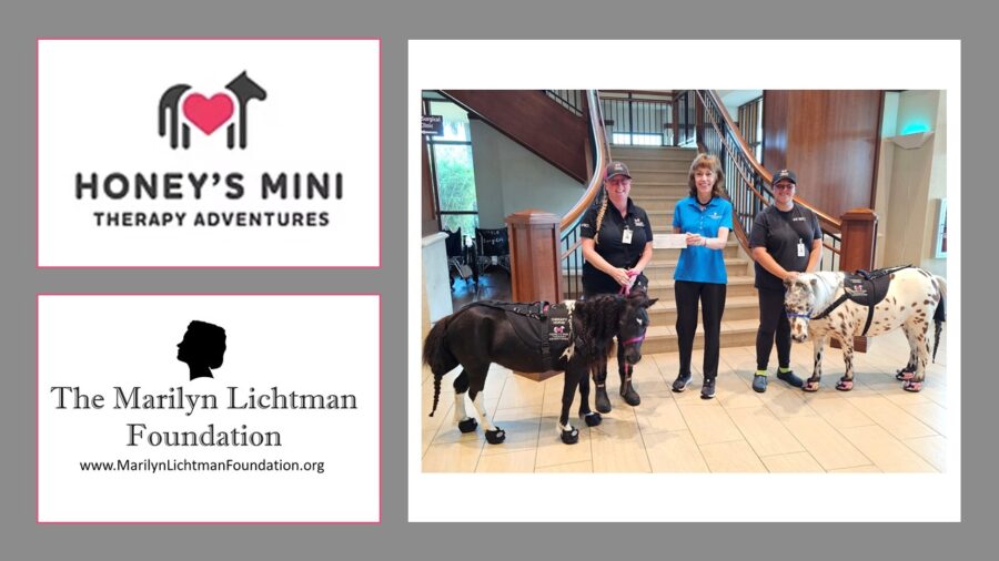 Image of 3 people and 2 horses, logo and text The Marilyn Lichtman Foundation www.Marilynlichtmanfoundation.org; Honey’s Mini Therapy Adventures.