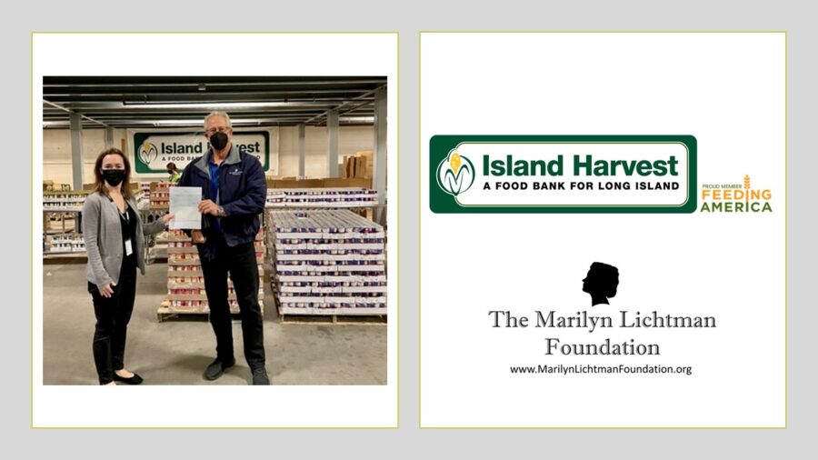 two people holding a check, logo for Island Harvest a food bank for Long Island, logo for Marilyn Lichtman Foundation www.marilynlichtmanfoundation.org
