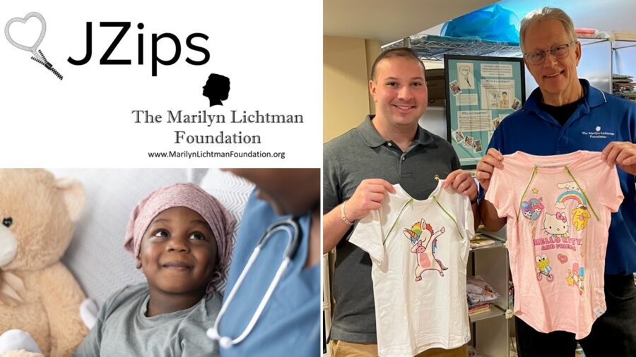 Image of a child and a nurse, image of 2 people holding a check, text and logo The Marilyn Lichtman Foundation www.MarilynLichtmanFoundation.org, image and logo JZips