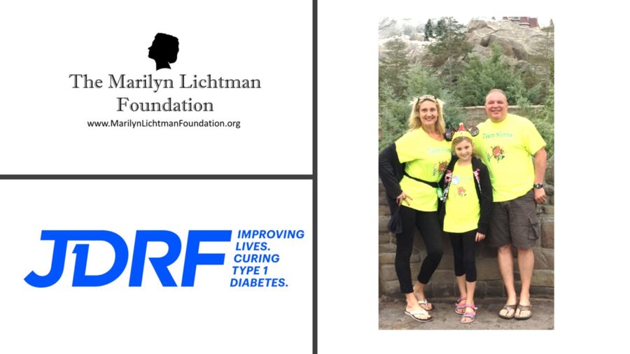 logo and text JDRF Improving Lives, Curing type 1 diabetes. The Marilyn Lichtman Foundation www.MarilynLichtmanFoundation.org Image of 3 people