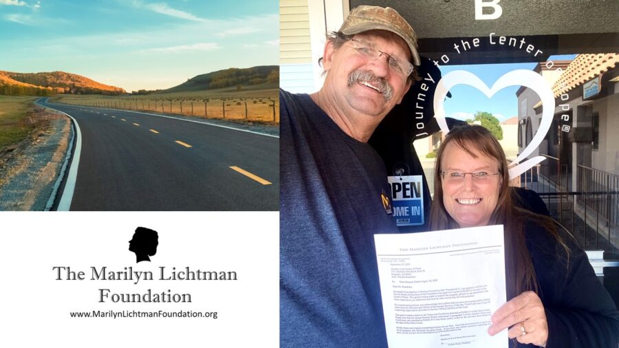Image of a road, two people in front of a door, text: The Marilyn Lichtman Foundation www.MarilynLichtmanFoundation.org