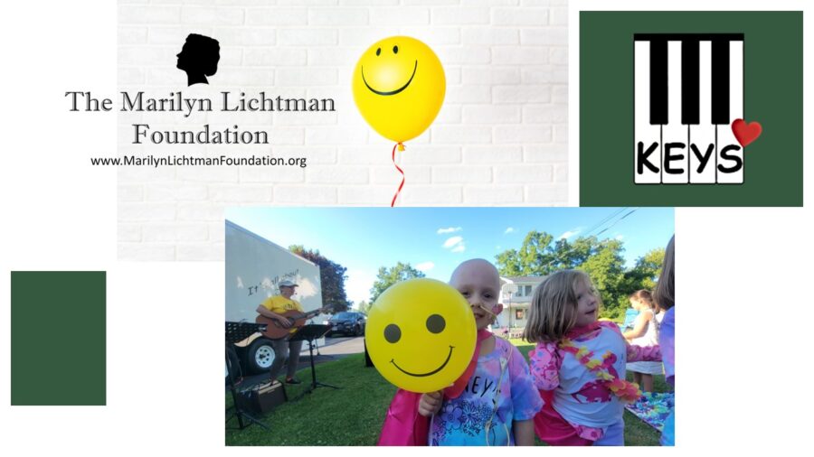 An image of several people, balloons, logo and text Keys and The Marilyn Lichtman Foundation www.MarilynLichtmanFoundation.org