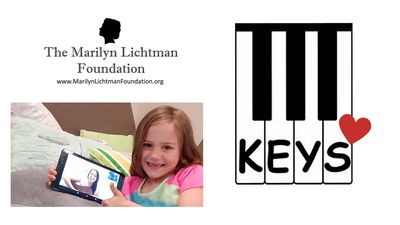 Image of girl in bed holding a tablet with a music teacher on the tablet screen. Logos of KEYS & MLF