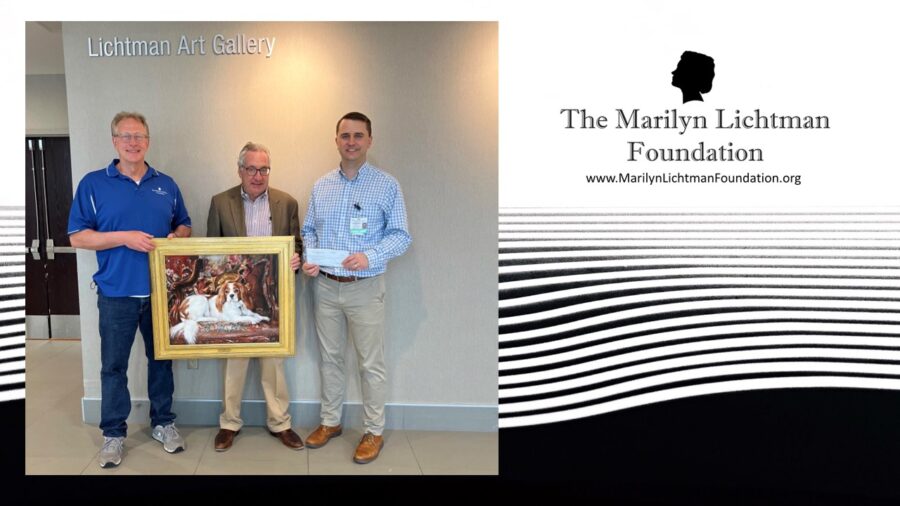 Photo of 3 men holding a painting in front of a wall with text Lichtman Art Gallery, logo of Logo of The Marilyn Lichtman Foundation www.MarilynLichtmanFoundation.org