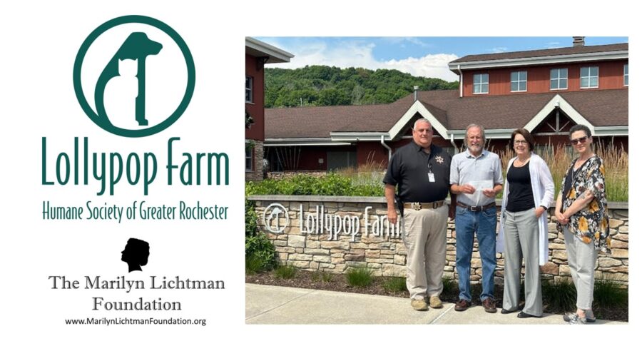 Image of 4 people standing outdoors. Logo and text Lollypop Farm Humane Society of Greater Rochester; The Marilyn Lichtman foundation www.MarilynLichtmanFoundation.org