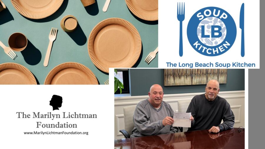 Photo of two people, logo and text The Marilyn Lichtman Foundation www.MarilynLichtmanFoundation.org; Long Beach Soup Kitchen.

