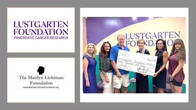 image of 6 people holding oversized check, logos of Lustgarten Foundation and Lichtman Foundation.