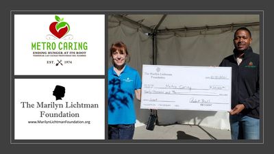 Two people holding an oversized check. Logos of Metro Caring and Marilyn Lichtman Foundation.