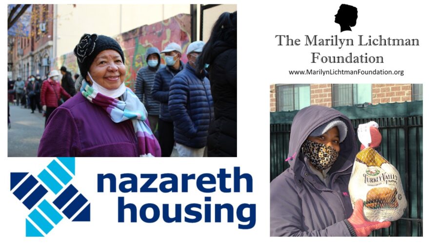 Image of several people outside. Logo and text Nazareth housing; The Marilyn Lichtman foundation www.MarilynLichtmanFoundation.org