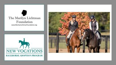 Image of logos of The Marilyn Lichtman Foundation and New Vocations, Photo of 2 people on horseback
