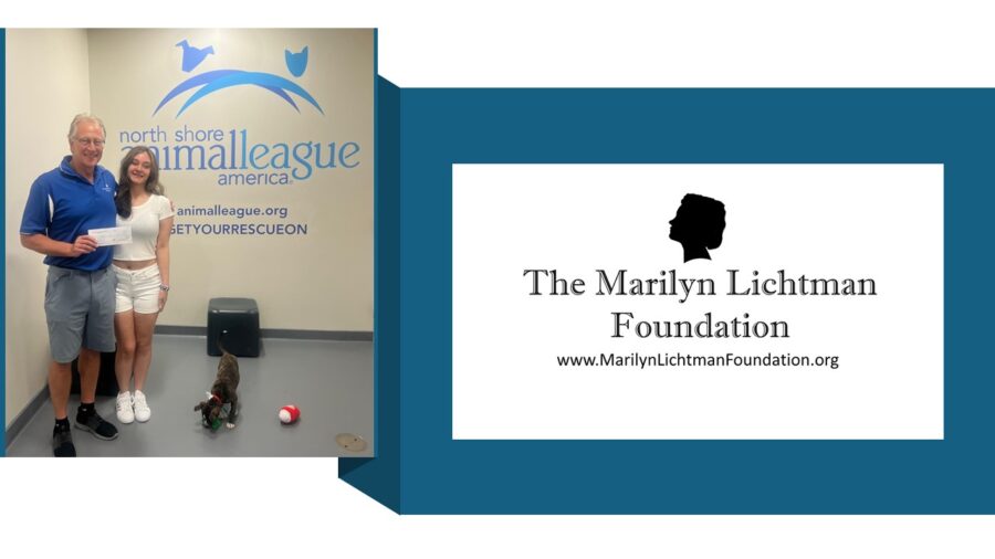 Picture of 2 people and a dog, text and logo The Marilyn Lichtman Foundation www.MarilynLichtmanFoundation.org