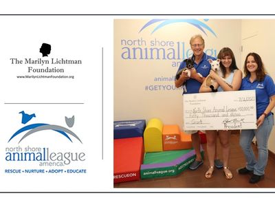 3 people holding oversized check and two puppies, logos of Lichtman Foundation and Animal League
