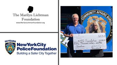 Logos of the Lichtman Foundation and New York City Police Foundation, two people holding big check