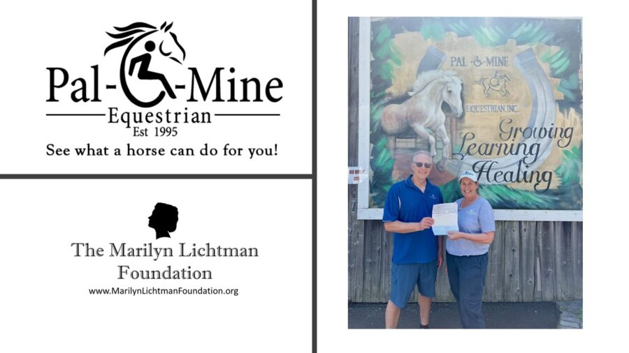 Image of 2 people, logo and text Pal-O-Mine Equestrian Est 1995 See what a horse can do for you! The Marilyn Lichtman Foundation www.MariynLichtmanFoundation.org'