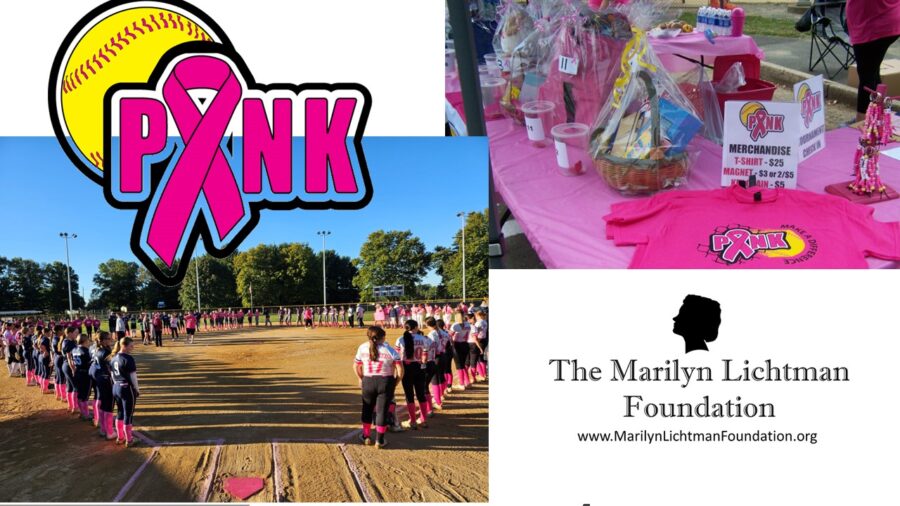 An image of several people on a baseball team, table of merchandise, logo and text pink; The Marilyn Lichtman Foundation www.MarilynLichtmanFoundation.org