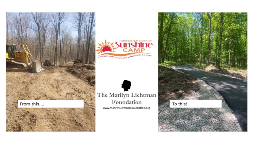 Photos of a pathway before and after. Text "from this, to this" Logo and text Rochester Rotary Sunshine camp where kids have no barriers to fun; The Marilyn Lichtman Foundation www.MarilynLichtmanFoundation.org.