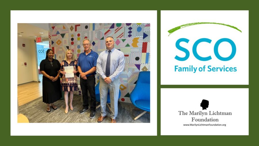 An image of 4 people, logo and text SCO family of services; The Marilyn Lichtman Foundation www.MariynLichtmanFoundation.org