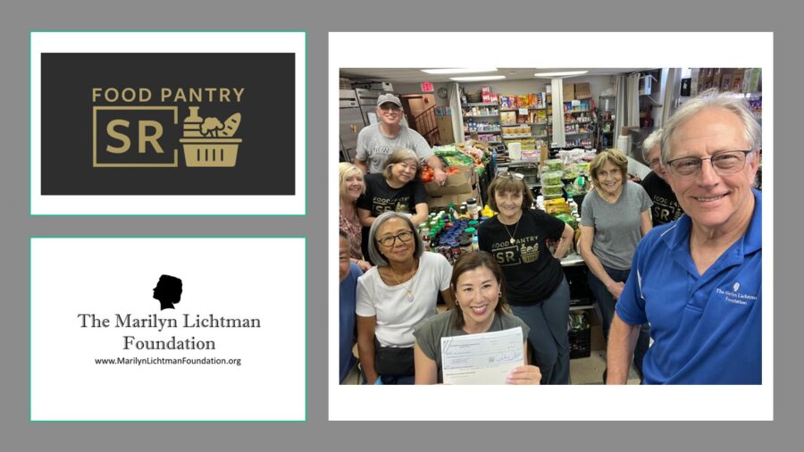 Image of several people with food supplies. Logo and text SR Food Pantry, The Marilyn Lichtman Foundation www.Marlyntichtmanfoundation.org