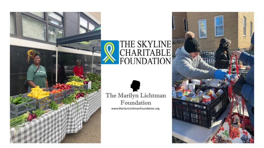 Image of people with food.  Logo and text The skyline charitable foundation; the marilyn lichtman Foundation www.MarilynLichtmanFoundation.org