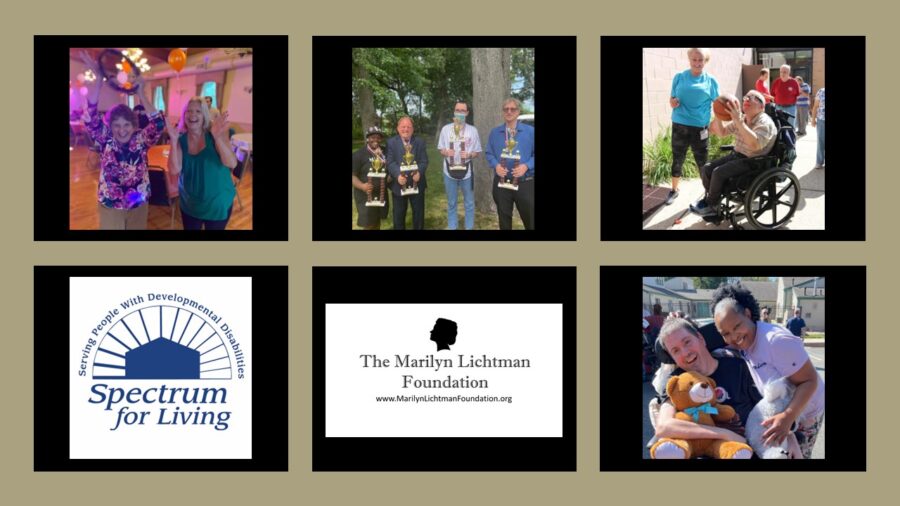 Image of several people outdoors, logo and text The Marilyn Lichtman Foundation www.MarilynLichtmanFoundation.org; Spectrum for living Serving people with developmental disabilities