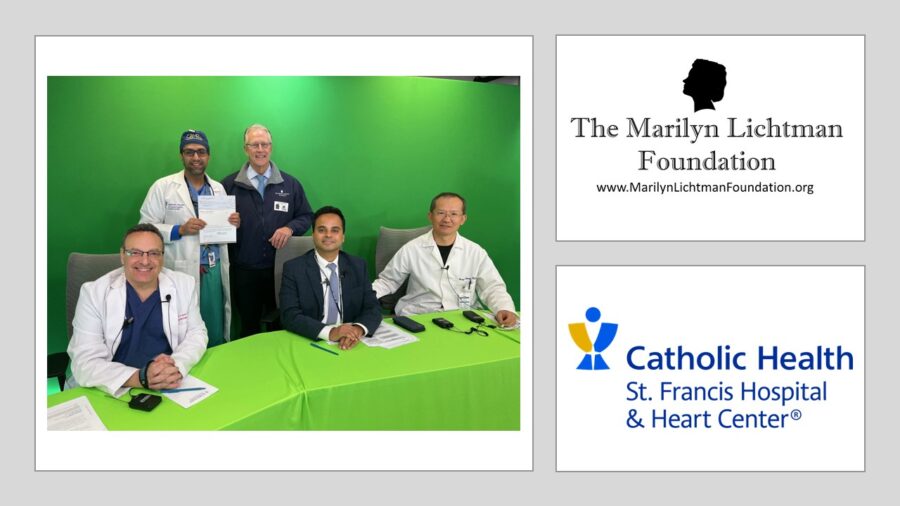 Photo of 5 people, logo and text The Marilyn Lichtman Foundation www.MarilynLichtmanFoundation.org, Catholic Health St. Francis