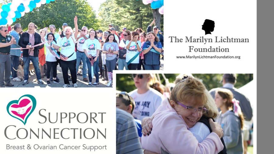 Photo of several people, text and logo The Marilyn Lichtman Foundation www.MarilynLichtmanFoundation.org; Support Connection Breast and Ovarian Cancer Support.