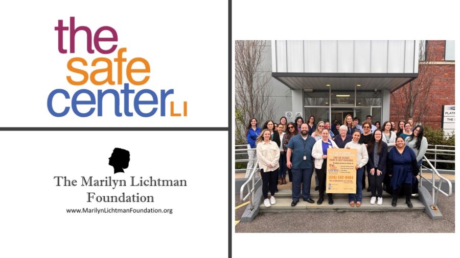 Image and logo The Safe Center LI; The Marilyn Lichtman Foundation www.MarilynLichtmanFoundation.org; image of several people standing outside.