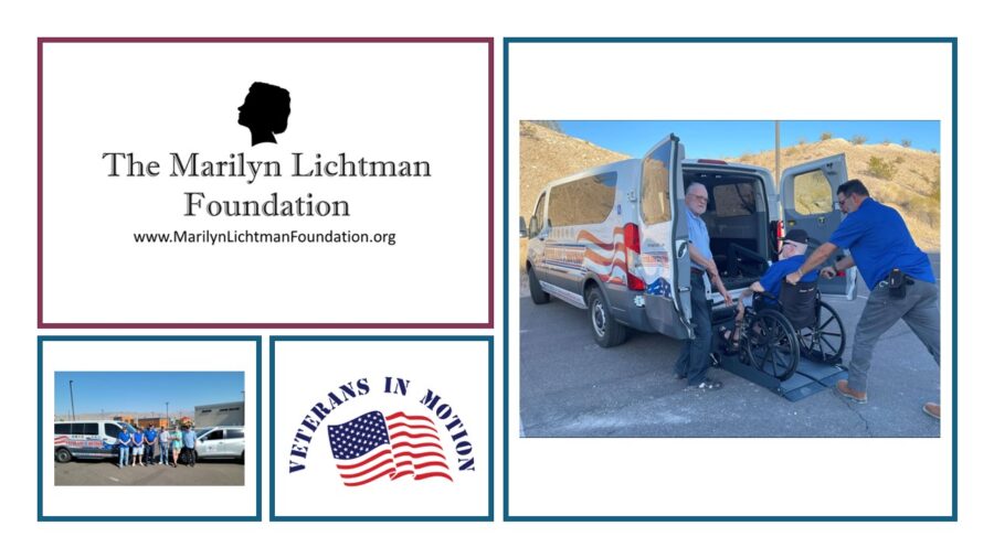 Images of people loading a person in a wheelchair into a van, other people outside with cars, logo and text Veterans In Motion, 'The Marilyn Lichtman Foundation www.MarilynLichtmanFoundation.org

