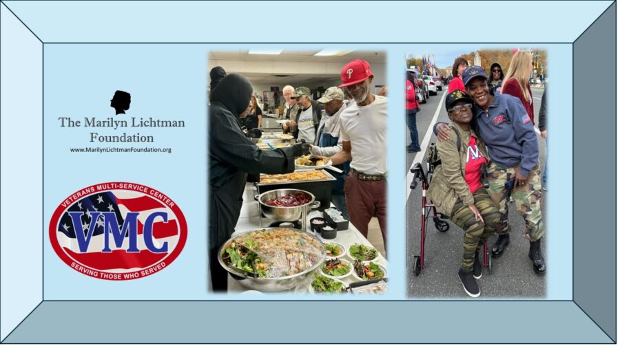 Image of several people, logo and text VMC Veterans Multi Service Center, Marilyn Lichtman Foundation www.marilynlichtmanfoundation.org

