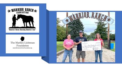 Logos of Warrior Ranch and Lichtman Foundation, and photo of 3 people holding oversized check.