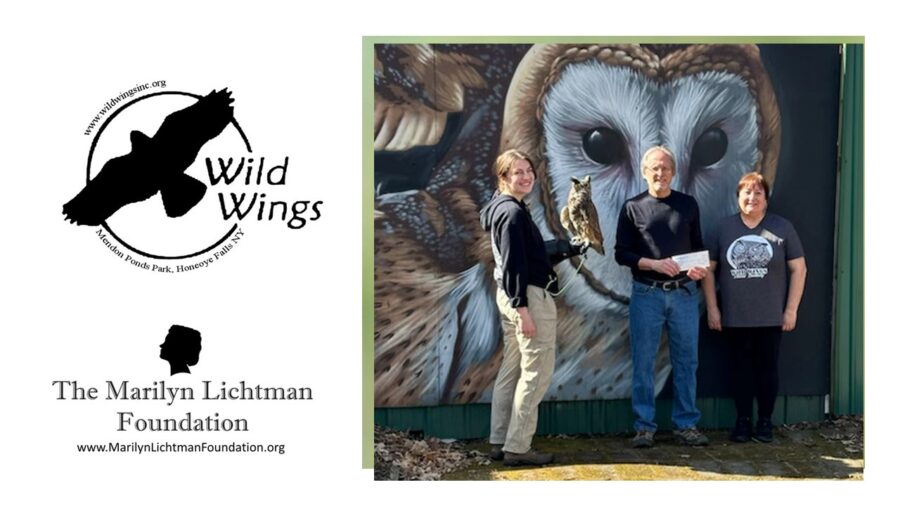 Image 3 people and an owl. Text and logo The Marilyn Lichtman Foundation www.MarilynLichtmanFoundation.org; /wild wings www.wildwingsinc.org Mendon Ponds Park, Honeoye Falls, NY.