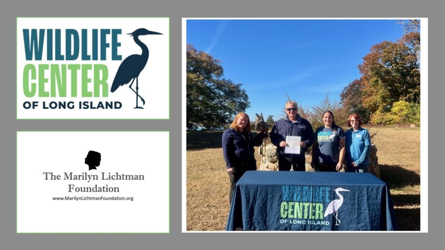 an image of 4 people, and an owl and text that says 'WILDLIFE CENTER OF LONG ISLAND ; The Marilyn Lichtman Foundation www.MariynLichtmanFoundation.org