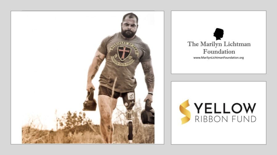 Image of person with a prosthetic leg, logo and text Yellow Ribbon Fund, The Marilyn Lichtman Foundation www.MarilynLichtmanFoundation.org
